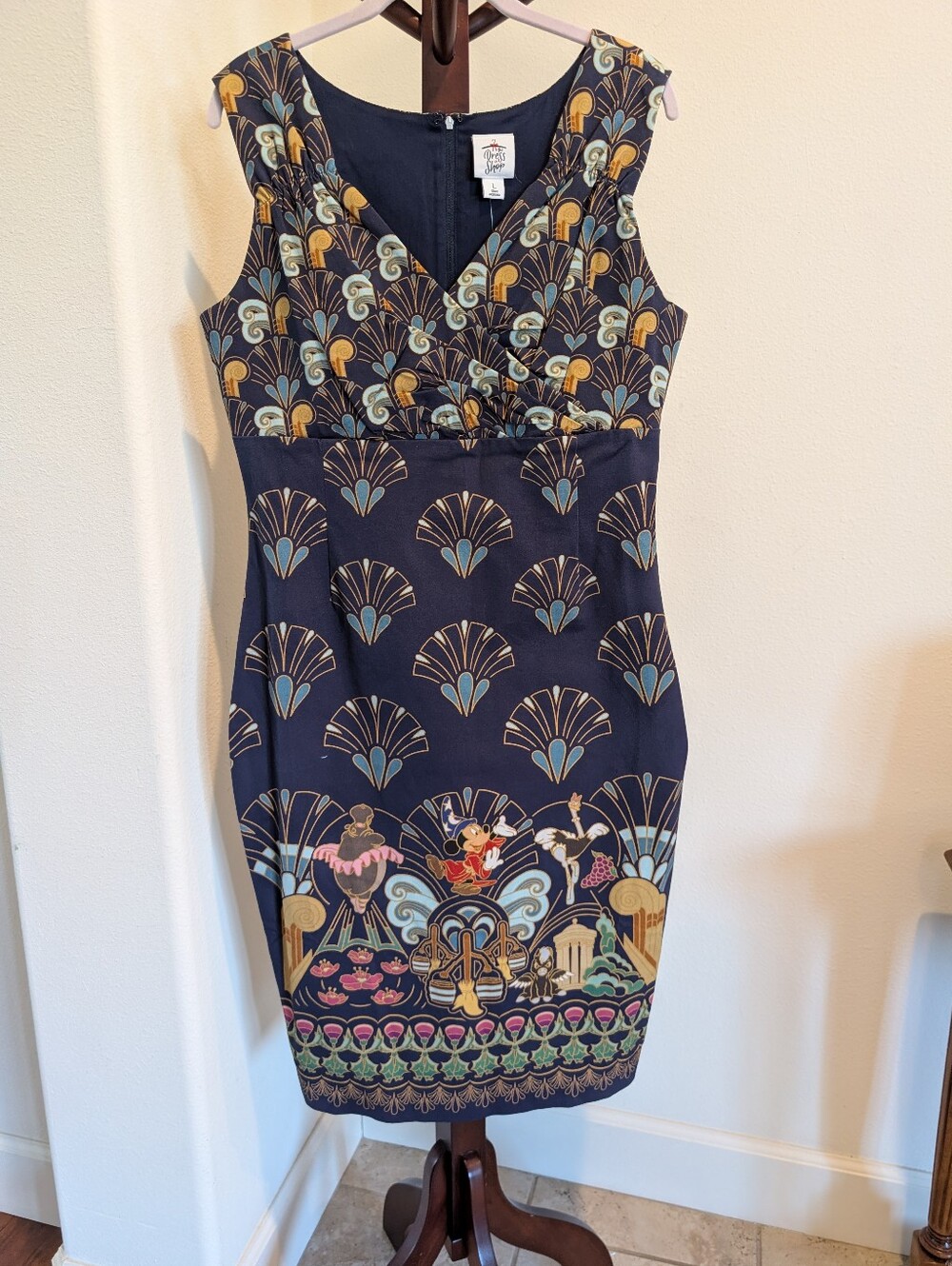 Disney Navy Sleeveless Midi Dress, Gold & Teal Print, Fantasia, Size L, NEW